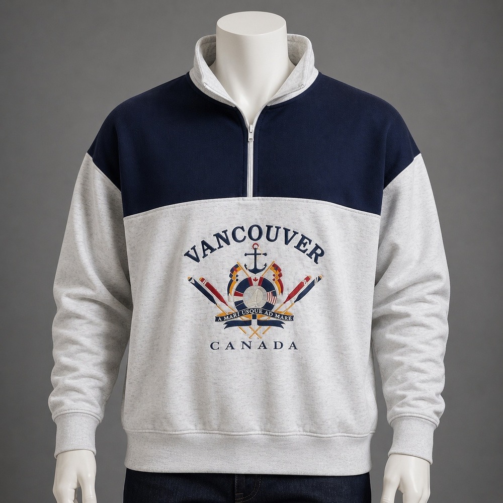 Vintage Victory Sportswear Vancouver Canada Quarter Zip Sweatshirt Gray Navy XL